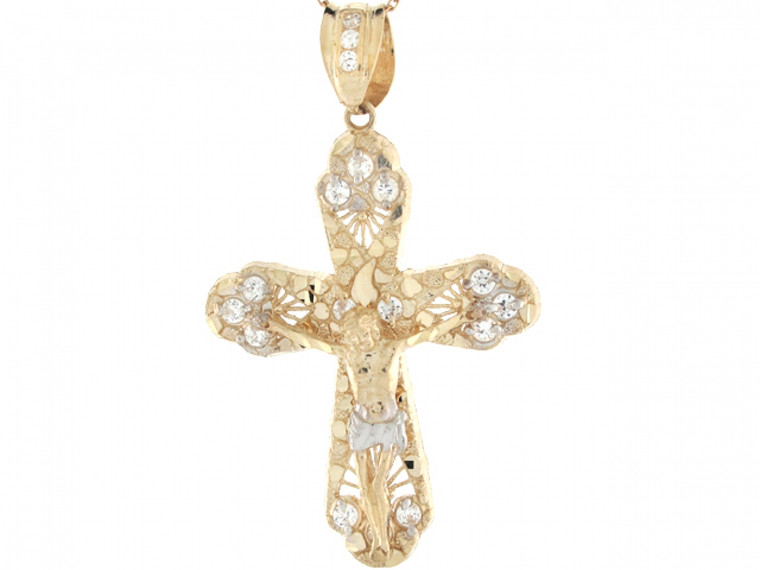 Two Tone Gold Jesus Religious Cross Crucifix Filigree CZ Pendant (JL# P3748)