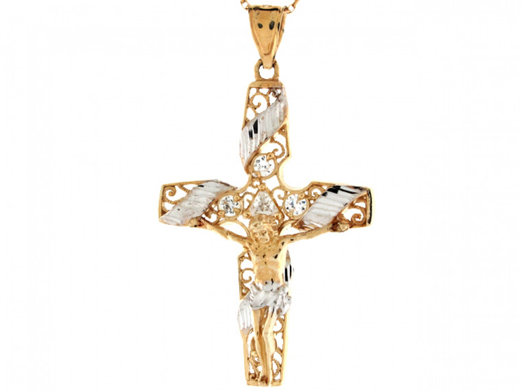 Two Tone Gold Crucifix Jesus Religious Cross CZ Filigree Pendant (JL# P3144)