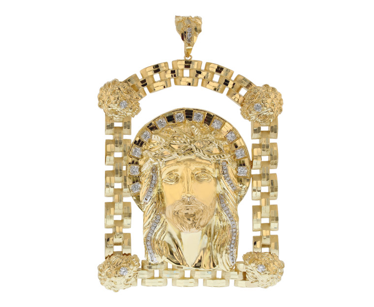 Large Diamond Cut Crowned Jesus Religious Heavy Frame Pendant (JL# P11582)