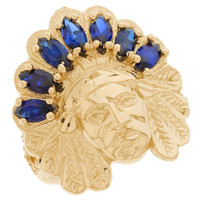 14k Yellow Gold Seven Stone Blue Simulated Sapphire Mens Native American Ring (SKU# R12633)