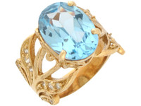 Gold Stunning Simulated Aqua and White CZ Ladies Wide Band Filigree Ring (SKU# R10803)