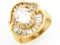 Gold Brilliant White Baguette CZ Ladies Floral Simulated April Birthstone Cluster Ring (SKU# R2447)