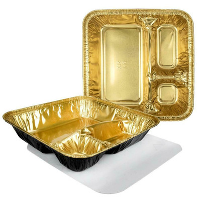 Black & Gold  Extra Large Disposable 3 Compartment Tray with Board Lid   #2345-B&G