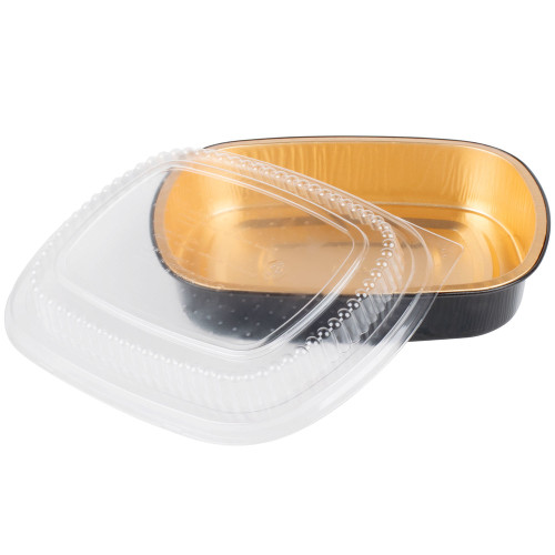 Handi-Foil 1 lb. Mini Oblong Black and Gold Foil Pan w/Clear Dome