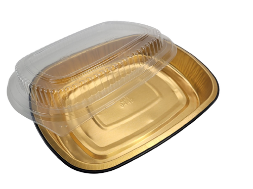 47 oz. Medium Black and Gold Foil Entrée Pan with Dome Lid 
