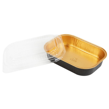 Large 64 oz. Black and Gold Foil Entrée or Take Out Pan with Dome Lid -  Case of 50