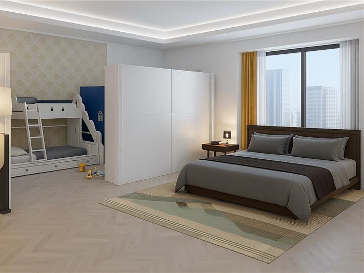 White EverPanel Wall dividing children's bunkbeds from larger queen size bed in a bedroom for privacy