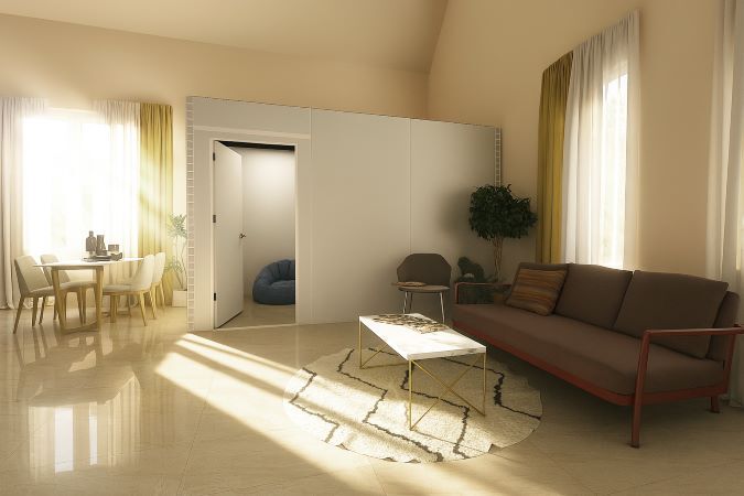 Fully enclosed room built with EverPanel in residential living room for added privacy