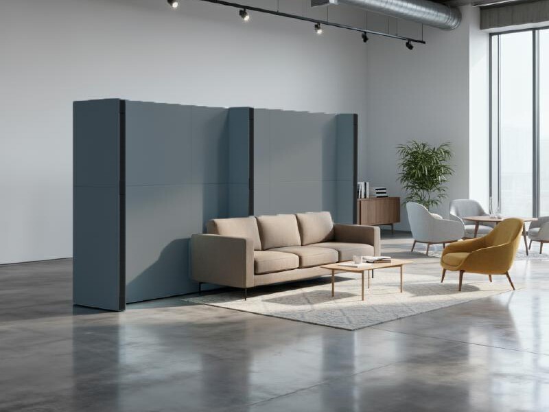 Gray EverPanel Wall dividing Office lobby with a couch and coffee table in front.