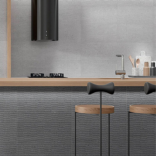 Athens Grey Textured Stone Effect Decor Tiles used as wall tiles in a modern kitchen