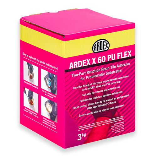 A box Ardex X60 PU Flex Resin Tile Adhesive with Ardex pink branding.