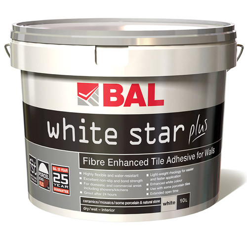 A 10l tub of BAL White Star Plus Ready Mix Tile Adhesive