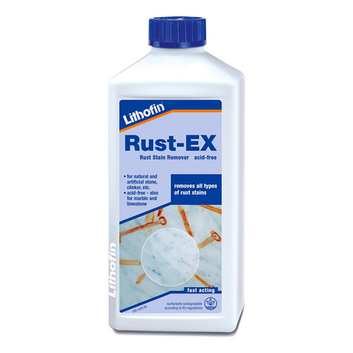 a bottle of Lithofin Rust-Ex Non-Acidic Rust Stain Remover