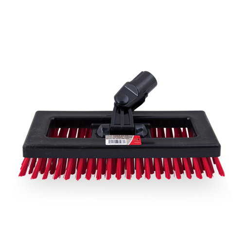 A red deck brush for cleaning decking