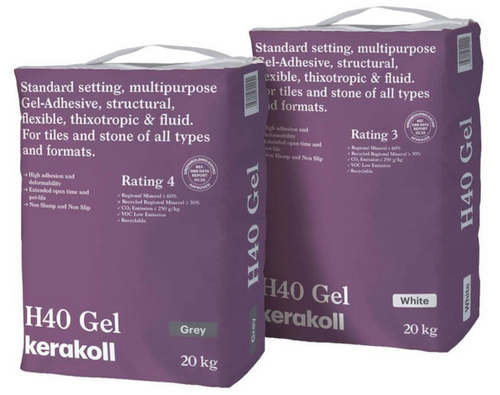 bags of kerakoll h40 gel tile adhesive available in white and grey in 20kg bags
