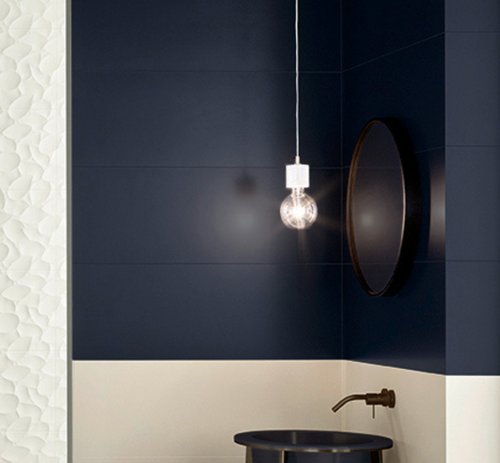 Battersea Deep Navy Blue Wall Tiles used with Battersea White Wall Tiles in a modern spacious bathroom
