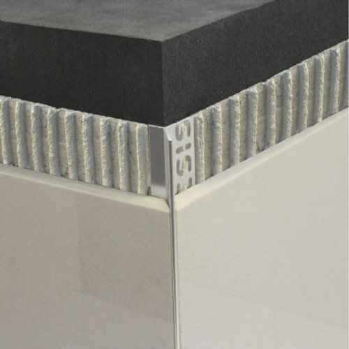 A Bright Silver Genesis EAD Aluminium Angle Edge Tile Trim used in a corner installation