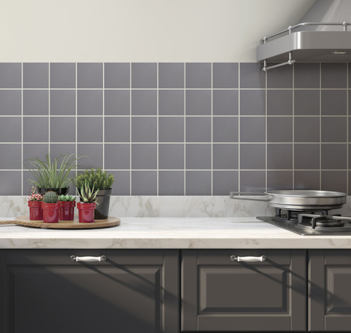 Johnsons Prismatics Square Matt Grey Tiles used in a modern kitchen with potted plants