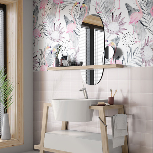Johnsons Prismatics Square Gloss Peach Sorbet Pink Tiles used with floral and flamingo wallpaper