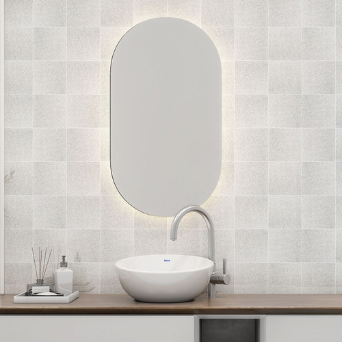 Johnsons Prismatics Square Gloss White Shark Speckled Tiles used as bathroom wall tiles with a backlit mirror