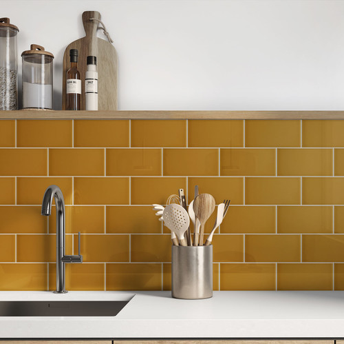 Johnsons Prismatics Gloss Goldcrest Metro Tiles used as kitchen backsplash wall tiles in a small kitchen area