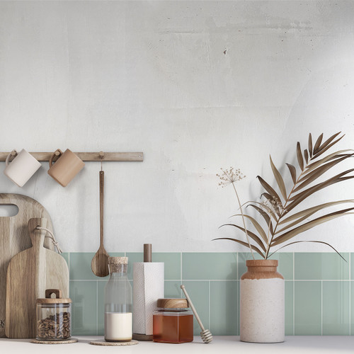 Johnsons Prismatics Peppermint Gloss Green Metro Tiles used as a kitchen splashback in a traditional kitchen