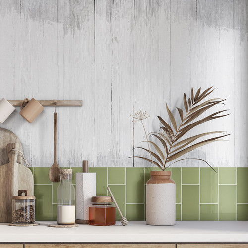 Johnsons Prismatics Pistachio Green Metro Tiles used as a splashback in a rustic kitchen