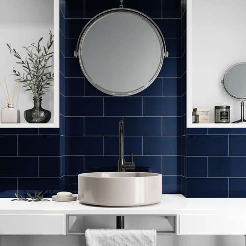 Johnsons Prismatics Gloss Victorian Navy Blue Metro Tiles used as bathroom wall tiles in a niched bathroom