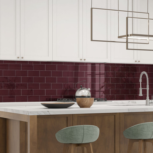 Johnsons Prismatics Gloss Victorian Maroon Metro Tiles used in a kitchen with white cupboards