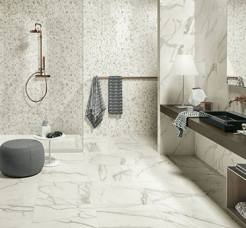 Matt marble floor tiles in a bathroom