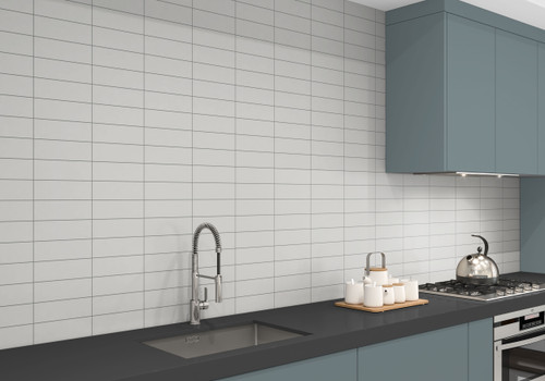 Light grey matt finish metro wall tiles in a kitchen