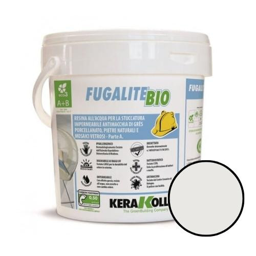 A tub of silver Kerakoll Fugalite Bio resin tile adhesive
