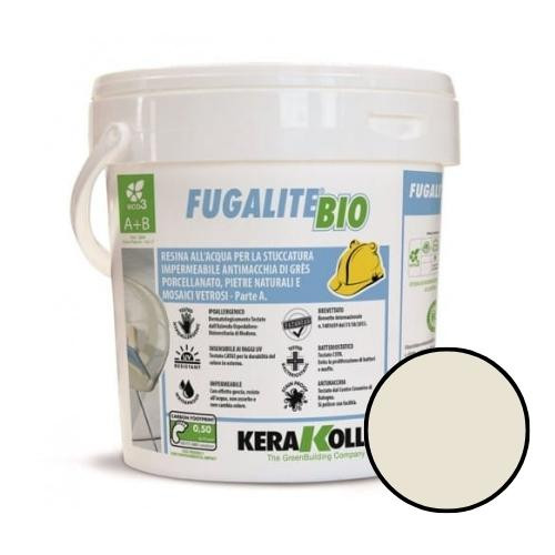 A tub of ivory Kerakoll Fugalite Bio resin tile adhesive