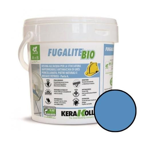 A tub of blue Kerakoll Fugalite Bio resin tile adhesive