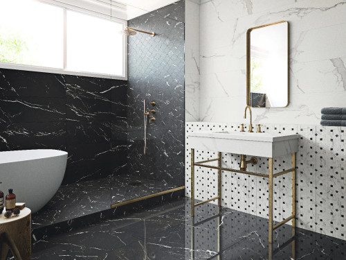 Grespania Marmorea Marquina Black Marble Effect Tiles used as dark wall tiles in a modern bathroom wet room