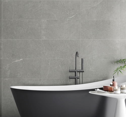 Grespania Niza Gris Stone Effect Wall Tiles used in a calming small modern bathroom space