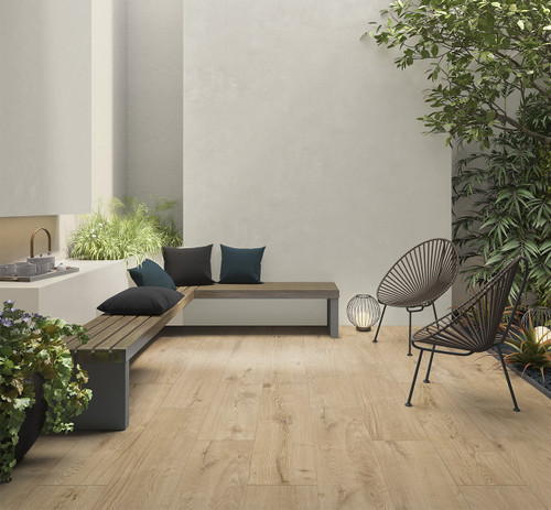 Valverdi Ardennes Oak Wood Outdoor Tiles used as wood effect patio tiles in a small outdoor seating terrace area