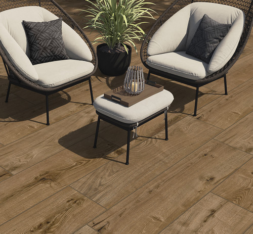 Valverdi Ardennes Walnut Outdoor Tiles used as decking tiles in an outdoor wood effect patio