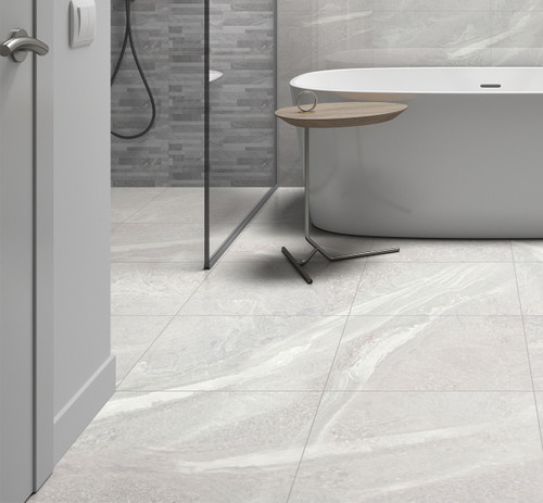 Aquarius Moon Stone Effect Floor Tiles used as light stone effect bathroom floor tiles in a modern bathroom