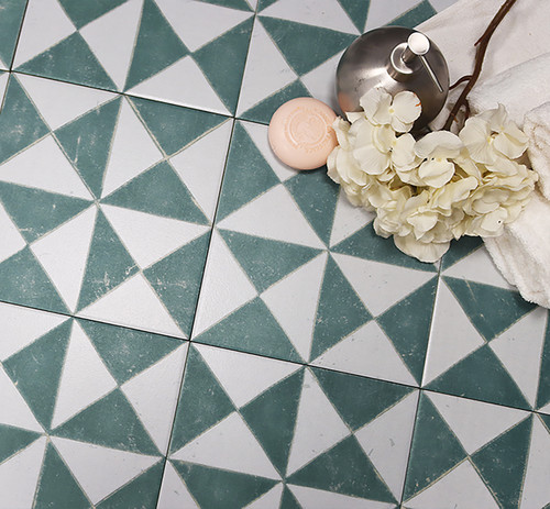Sunset Green Patterned Wall & Floor Tiles used as art deco trendy patterned floor tiles in a bthroom