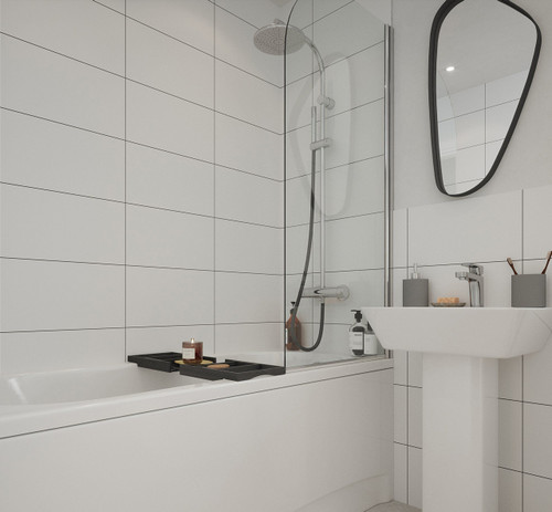 Johnsons Arctic White Satin Wall Tiles (45cm x 25cm) used in a small bath area