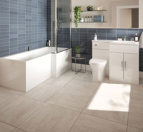 Johnsons Ashlar Warm Taupe Stone Effect Floor Tiles used in a bathroom with blue walls