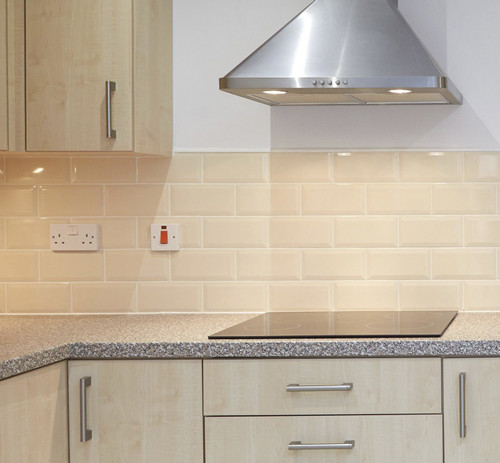 Johnsons Bevel Brick Cream Gloss Wall Tiles used as splash back tiles in a small kitchen area