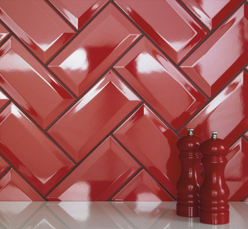 Johnsons Bevel Brick Red Gloss Wall Tiles used as a kitchen splash back with white salt and pepper shakers