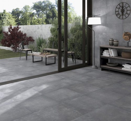 Johnsons Atrium Graphite Cement Effect Tiles used inside a home as dark cement effect living room floor tiles