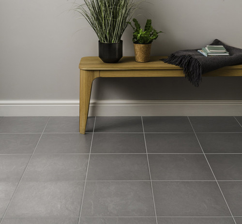 Johnsons Lagos Light Grey Slate Effect Porcelain Tiles used as hallway floor tiles