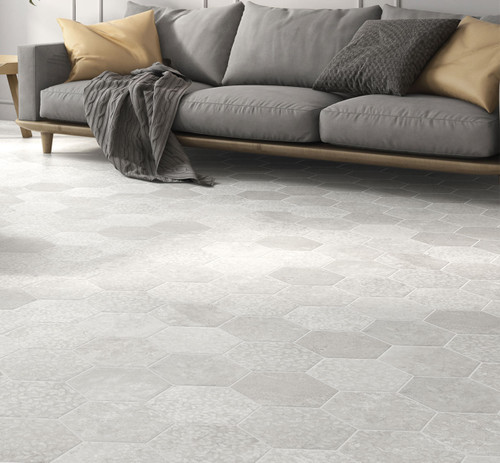 Tranquil Tones Silver Hexagon Tiles used as hexagon shaped floor tiles in a stone effect sitting room