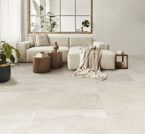 Tranquil Tone Almond Stone Effect Floor Tiles used in a calm light room as living room floor tiles