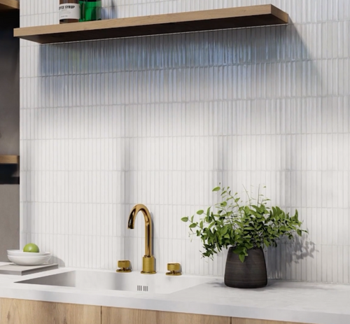 Kit Kat polar white matchstick mosaic effect tiles used as a kitchen splashback on the wall