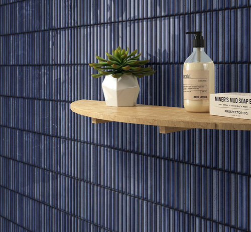 Blue Kit Kat mosaic style wall tiles used in a bathroom